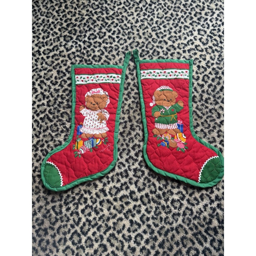 Christmas Stockings Pair Teddy Bear Boy Girl Quilted Cottagecore Holiday VTG